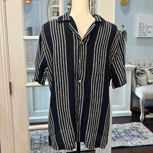 ZARA Casual Button Down Polo Shirt Black & White Stripes L